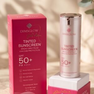 DIMSGLOW Tinted Sunscreen SPF 50+ bottle and carton