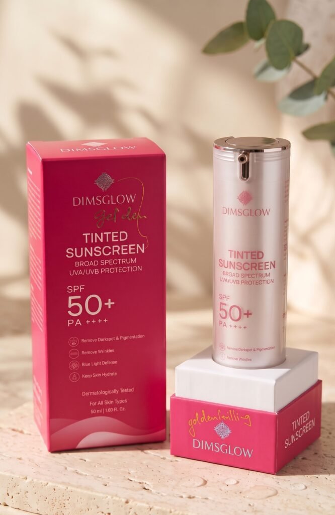 DIMSGLOW Tinted Sunscreen SPF 50+ bottle and carton
